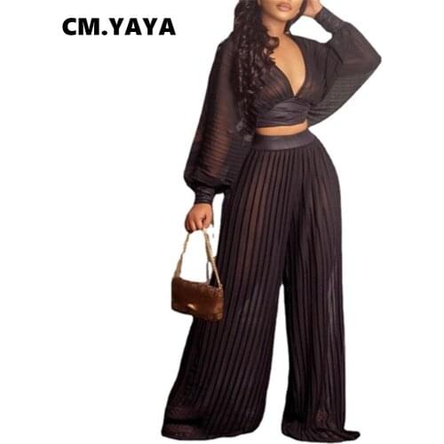 CM.YAYA Women Tracksuit Solid See-through Pleated Cleavage Crop Tops Wide Leg Pants Two 2 Piece Set Fashion Outfit Autumn 2021