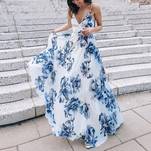 Ladies Dress Sexy V-Neck Open Back Sleeveless Suspender Fashion Print Summer New Unique Design Prom Mopping Skirt Vestidos