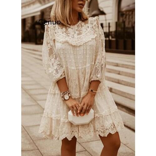 Women Elegant Lace Embroidery Party Dress Fashion Vintage Ruffle 3/4 Sleeve Dresses Ladies Sexy O-Neck Solid Sheer-Mesh Dress