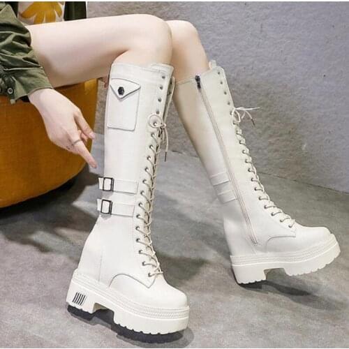 Winter Women Knee High Boots Wedges High Heels 10CM Platform Lace up Long Boots Autumn Women Leather Sneakers Motorcycle Boots