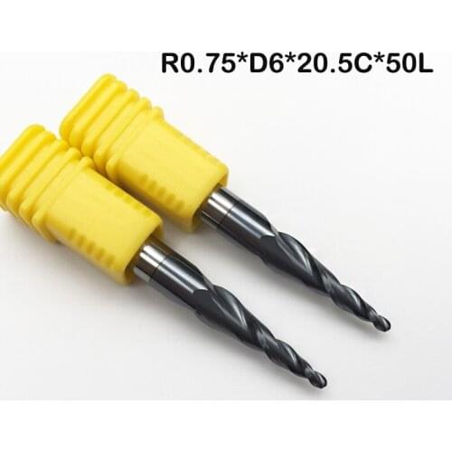 2pcs-R0.75*D6*20*50L*2F HRC55 Tungsten solid carbide NANO Coated Tapered Ball Nose End Mills taper and cone CNC milling cutter