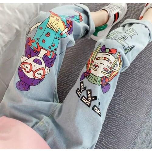 2021 Spring Autumn Girls Cute Print Jeans Pant Baby Kids Children Denim Trousers Two Colors