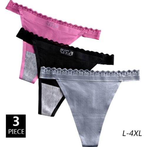 3PCS Cotton 4XL Large Plus Size Seamless Women G-String Low Waist Sexy Lace Cartoon Cat Lady Thongs T-Back Panties Underwear