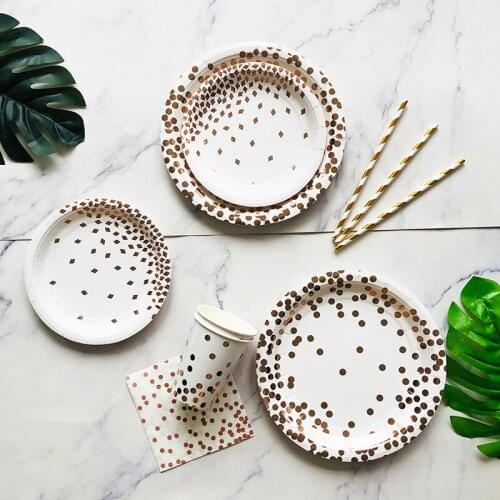 White Iron Rose Gold Point Disposable Paper Plate Set Paper Plate Paper Cup Straw Birthday Party Festival Celebration