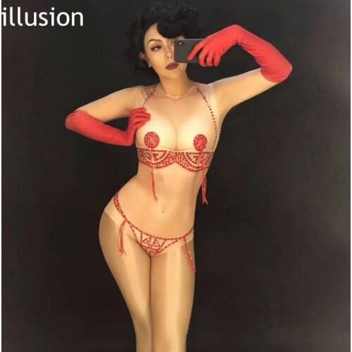 Sparkly Rhinestone Tassel Sexy Women Bodysuit with Gloves DJ DS Nightclub Stage Performance Show Costumes Pole Dance Clothing