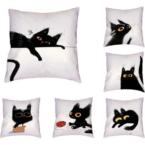 New Arrival Polyester Peach Skin Black Cat Pillowcase Cat Play Wool Carton Fish Home Sofa Lounge Car Decoration Cushion Cover