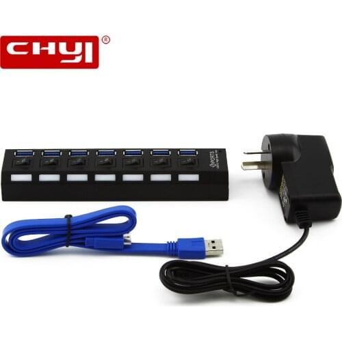 CHYI USB3.0 HUB 7 Ports with Power Adapter High Speed Transfer USB HUB Splitter On/Off Switch Computer Accessories