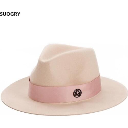 Elegant Winter Womens M letter Wool Jazz Fedora Hat Pink Hat For Women ladies large Brim Cowboy Panama Fedoras Hat