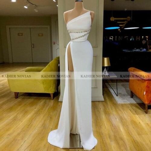 Kadier Novias Long White Women Satin Formal Evening Dress 2021 with Split Party Gown Robe Soiree Femme Vestidos Formales