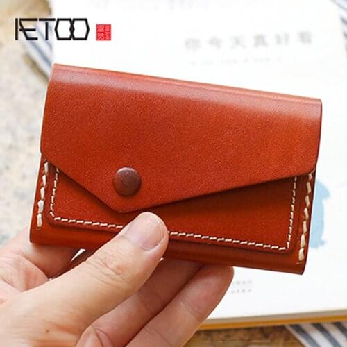 AETOO Tanning leather calfskin small card leather handmade stitching Retro card pack mini coin wallet
