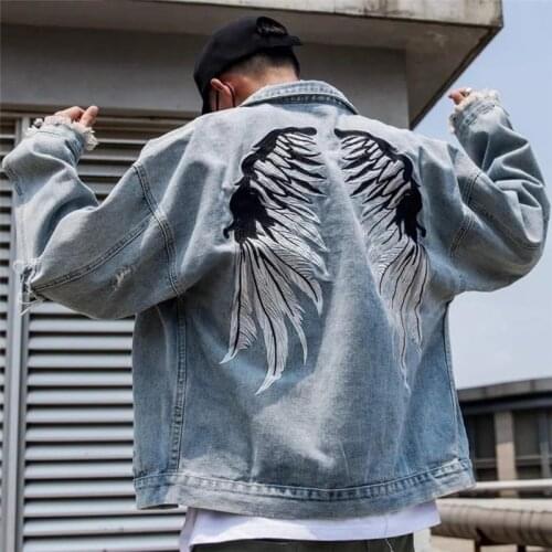 2021 New Men/Women Hole Jeans Coat Embroidery Wing Denim Jacket Male Autumn Clothes Hip Hop High Street Outwear Chaquetas Hombre