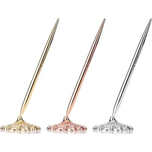 Retro Metal Ballpoint Pen Attached Base Stand Desk Office Counter Wedding Guest Sign Signature Pens Stationery 781A