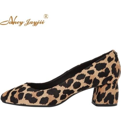 Leopard Heels Mid High Square Block Heels Sexy Fur Round Toe Simple Pumps for Spring Summer Dress Fashion Lady Shoes Women 2019