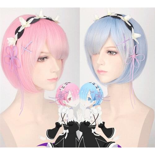 New Anime Re: Zero kara Hajimeru Isekai Seikatsu Rem Ram Cosplay Short Hair Wig Headband Props Gifts
