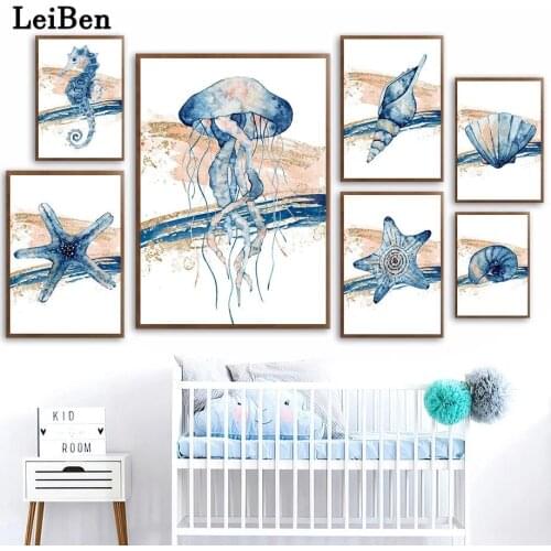 Marine Life Poster Starfish Seahorse Whale Jellyfish Shell Art Canvas Painting Nordic Prints Wall Pictures for Living Room Decor