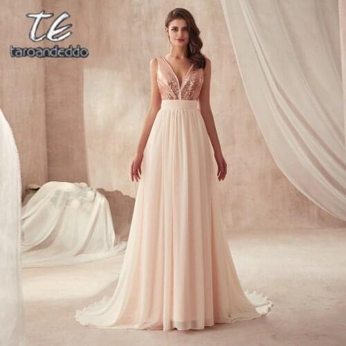 V-neck Champagne Sequin and Chiffon Bridesmaid Dress with Huge Bow Back Open Back Wedding Party Dresses