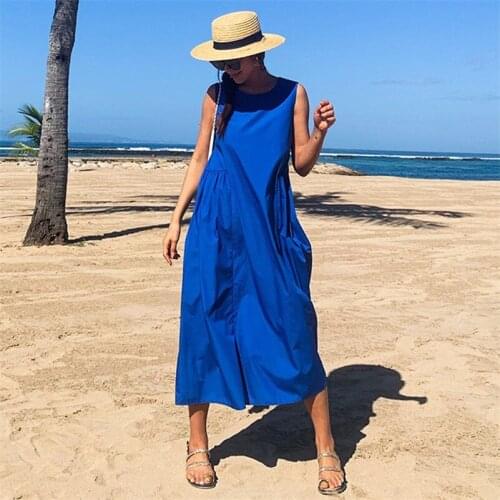 Cotton Linen Women Dresses Summer Solid Loose Long Dress Female Beach Party Sleeveless Tank Dress Vestido Plus Size M-8XL