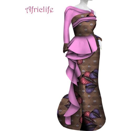 African Print Dresses Long Sleeve Women Clothing Fashion Patchwork Ruffle Decoration Dresses Party Vestidos WY4226