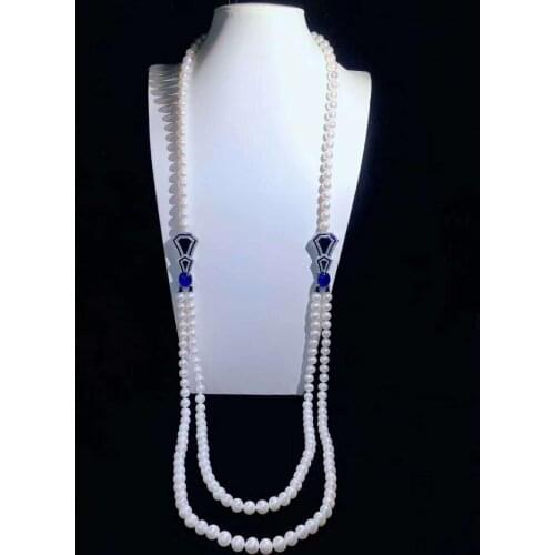 Hand knotted 100-110cm 7-8mm white freshwater pearl blue micro inlay zircon accessories necklace