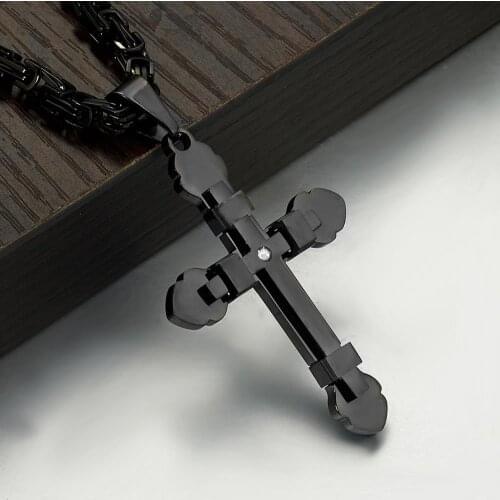 Black Cross Pendant Necklace Jewelry Hip Hop Mens 316L Stainless Steel Byzantine Box Chain Necklace Gift 22-40inch