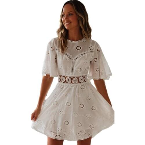 Sexy Hollow Out Dress Round Neck Short Sleeve White Dresses For Women 21 Summer Backless Elegant Fashion Clothes Female LD1780