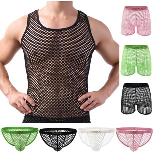 Sexy Mens Undershirts Mesh Fishnet Transparent Tank Tops Sports Fitness Casual Sleeveless Shirts Sleepwear Tops Tee Camiseta