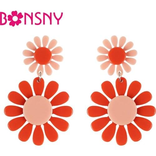 BONSNY Acrylic Sweet Orange Flowers Earrings Long Drop Dangle Unique Ear Studs Novelty Charm Gifts Teens Jewelry For Women Girls