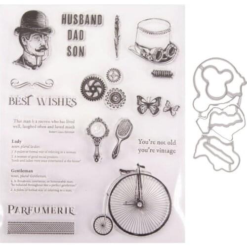 Retro Era Gentleman Bicycle Mirror Transparent Clear Stamp and Cutting Dies DIY Silicone Seals Scrapbooking Card Making
