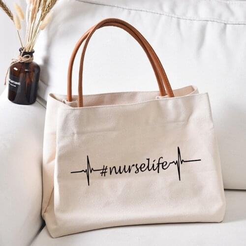 Nure Life heartbeat Funny Printed Nursing Tote Bag Work Bag Gift for Nurse Women Lady Canvas Beach Handbag Dropshipping