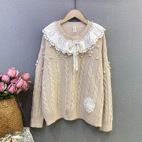 Mori girl Sweater Embroidered Flower Spliced O Neck Autumn Winter Knitted Pullover Sweater