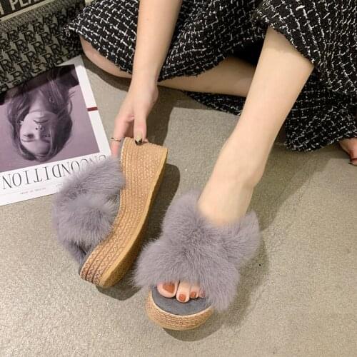 Winter Women Wedge Heel Slippers Warm Real Hair Womens Shoes Platform Women Shoes Indoor Slipper Cross Slides Drop Ship