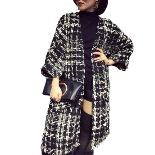 Trench Coat Womens Elegant Woolen Coats 2020 Spring Autumn New Long Houndstooth Tweed Wool Windbreaker Cardigan Female A1341