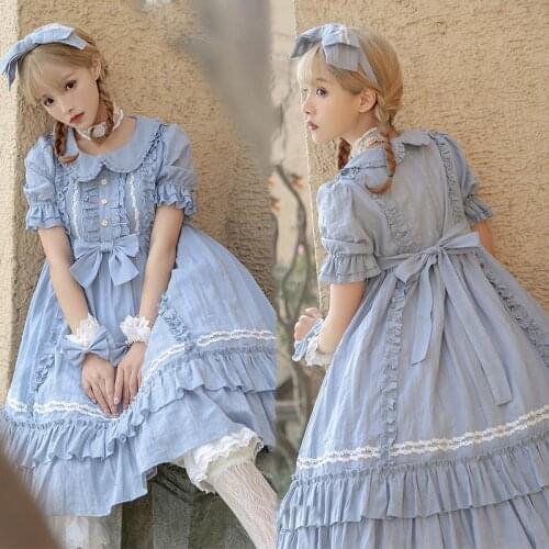 UZN Blue Lolita Prom Dress Lace Vintage Evening Dress Short Puff Sleeves Maid Outfits Plus Size Party Dress