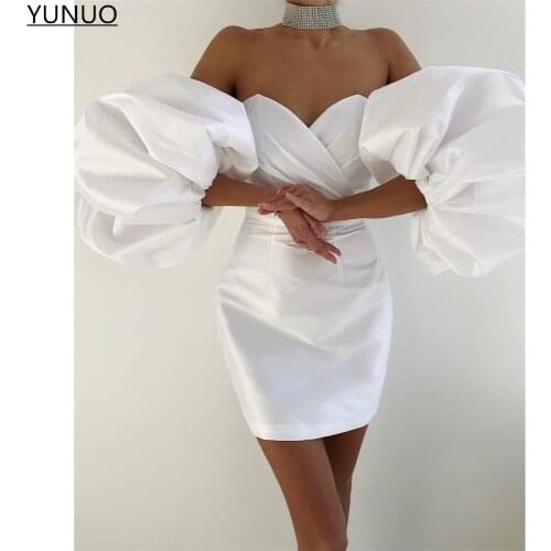 YUNUO Elegant Satin Short Cocktail Prom Dresses Lantern Sleeves Sweetheart Pleats Mini Evening Party Gowns vestidos formales