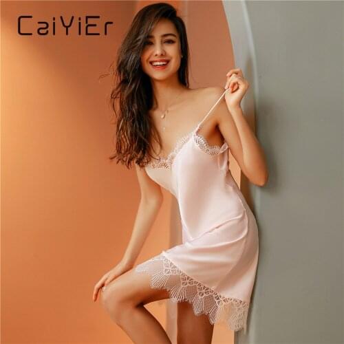 CAIYIER Lace Nighty For Ladies Sexy Sling Nightdress Summer Floral Hollow Out Sleepshirts Pink Backless Solid Color Nightgown