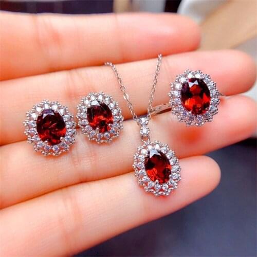 New Luxury Bridal Jewelry Sets Elegant Red Crystal Jewelry Set Stud Earrings Adjustable Open Rings Necklace Sets For Women