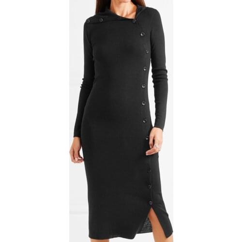 100% Solid Wool 2021 Fall Winter Womens Slim and Asymmetrical Slant Breasted Button Split Dress