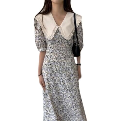 Women Chiffon Dress 2021 Summer New Fashion Female Puff Sleeve Vintage Floral Print Doll collar Boho Dress Casual Large size