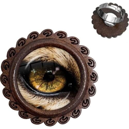 1PC Dragon Eyes Glass Cabochon Wood Rings Animal Eyes Dragon Snake Owl Cat Tiger Eyes Jewelry For Women Men Fashion Gift