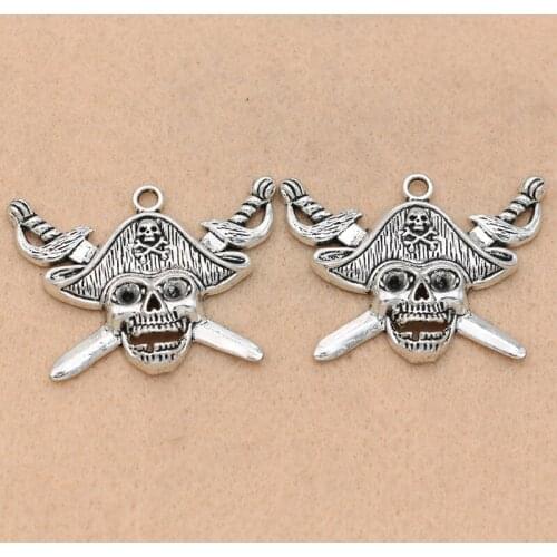 2pcs Antique Silver Plated Pirate Skull Charms Pendants Jewelry Making Bracelet Findings Crafts Accessories 54x25mm