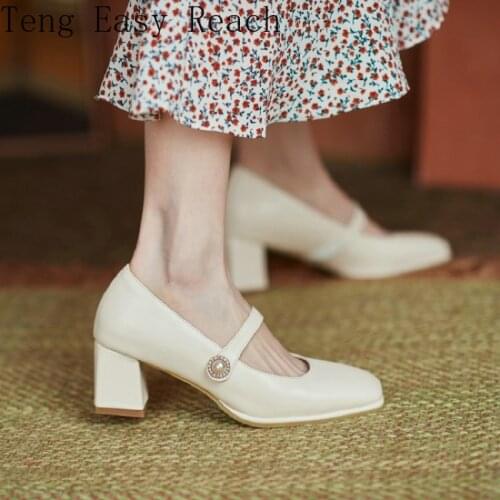 2021 New Spring Elegant Ladies Mary Janes Pumps with Pearls Buckle Chunky High Heels Womens Shoes Plus Size 33-48