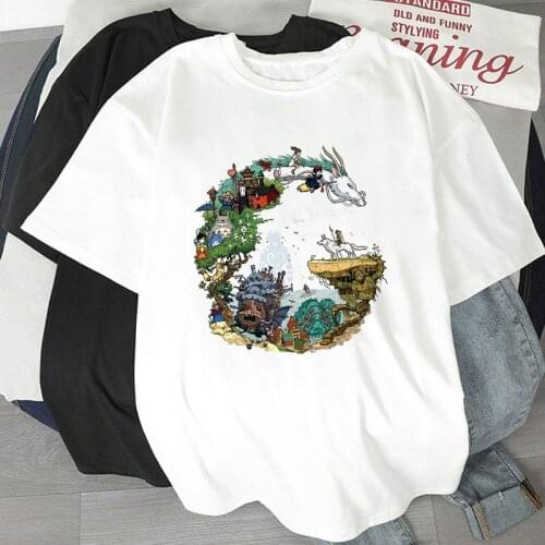 2021 NEW Summer Womens T-shirt Hayao Miyazaki anime print Tee 90s Harajuku Kawaii Fashion White Hipster T