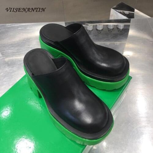 2021 New Retro Genuine Leather Casual Muller Shoes British Style Thick Bottom Mixed Color Thick Heel High Heel Half Slippers