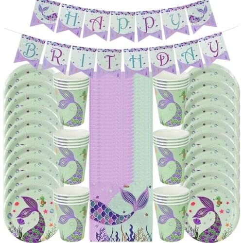 61Pcs Mermaid Party Disposable Tableware Set Napkin Plates Cups Under the Sea Baby Shower Little Mermaid Birthday Party Supplies