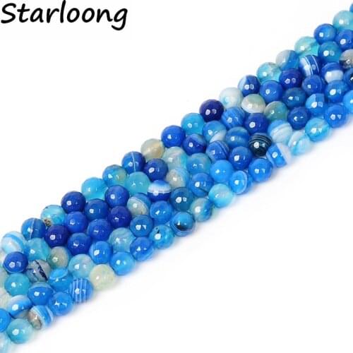 New Arrival 4-12mm Blue Round Natural Stone Beads Stripe Agata Onyx Faceted Loose Stone Beads For Making Jewelry Diy bracelets