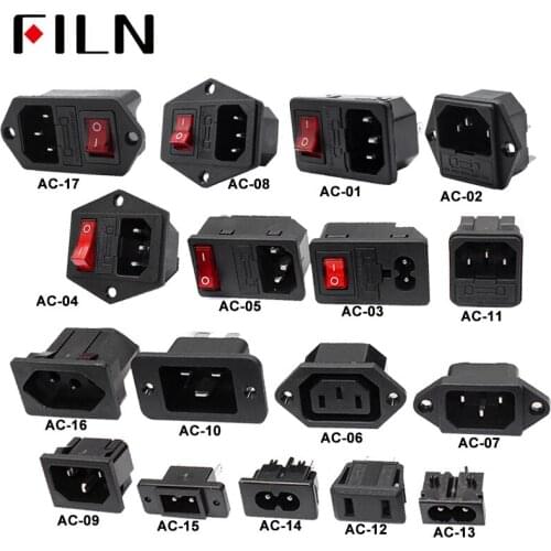 IEC320 C14 Electrical AC Socket 3 pin red LED 250V Rocker Switch 10A fuse female male inlet plug connector 2 pin socket mount