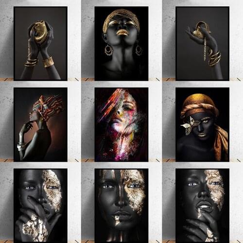 African Woman Art Black and Gold Canvas Paintings Posters and Prints Cuadro Wall Art Pictures for Living Room Decor