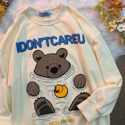 Kawaii Hip Hop Streetwear Korean Fashion Bear Print Sweatshirt Women Oversized Long Sleeve Top 2021 Autumn Casual Harajuku Teens