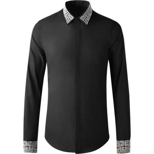 Minglu White Black Male Shirts Luxury Neck And Cuff Embroidery Long Sleeve Mens Dress Shirts Fashion Slim Fit Party Man Shirts