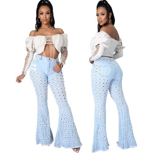 Fashion Hollow Out Flare Denim Pants Women Sexy Ripped Hole Jeans Trousers High Waist Stretch Skinny Bell Bottom Jeans Plus Size